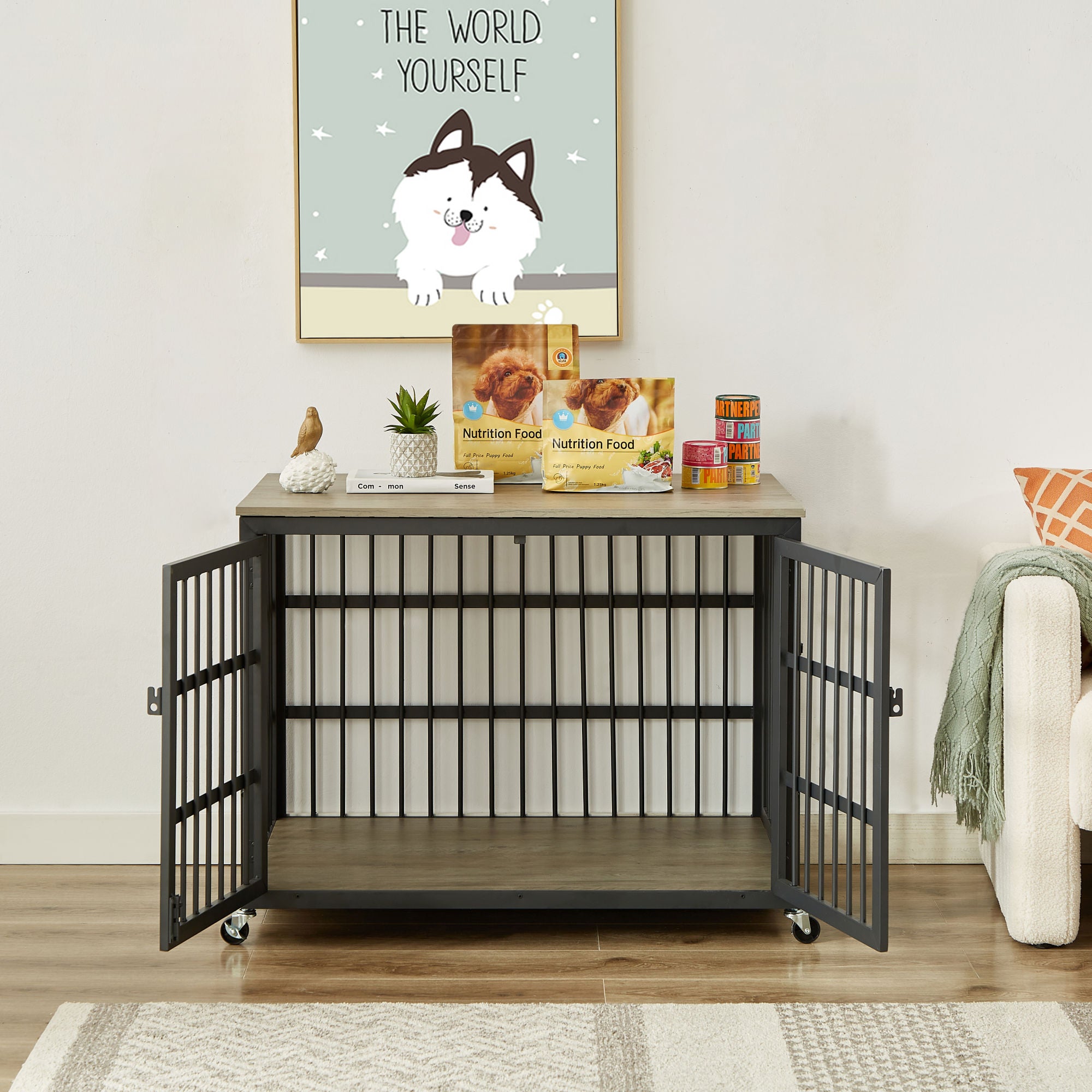 Furniture style dog crate wrought iron frame door with side openings, Grey, 38.4&