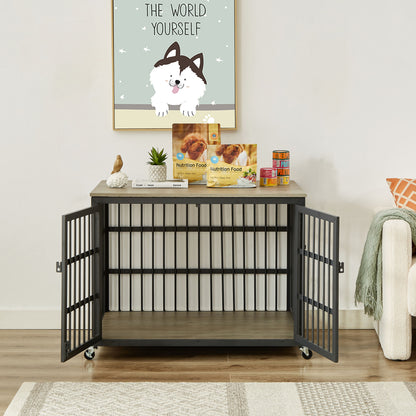 Furniture style dog crate wrought iron frame door with side openings, Grey, 38.4&