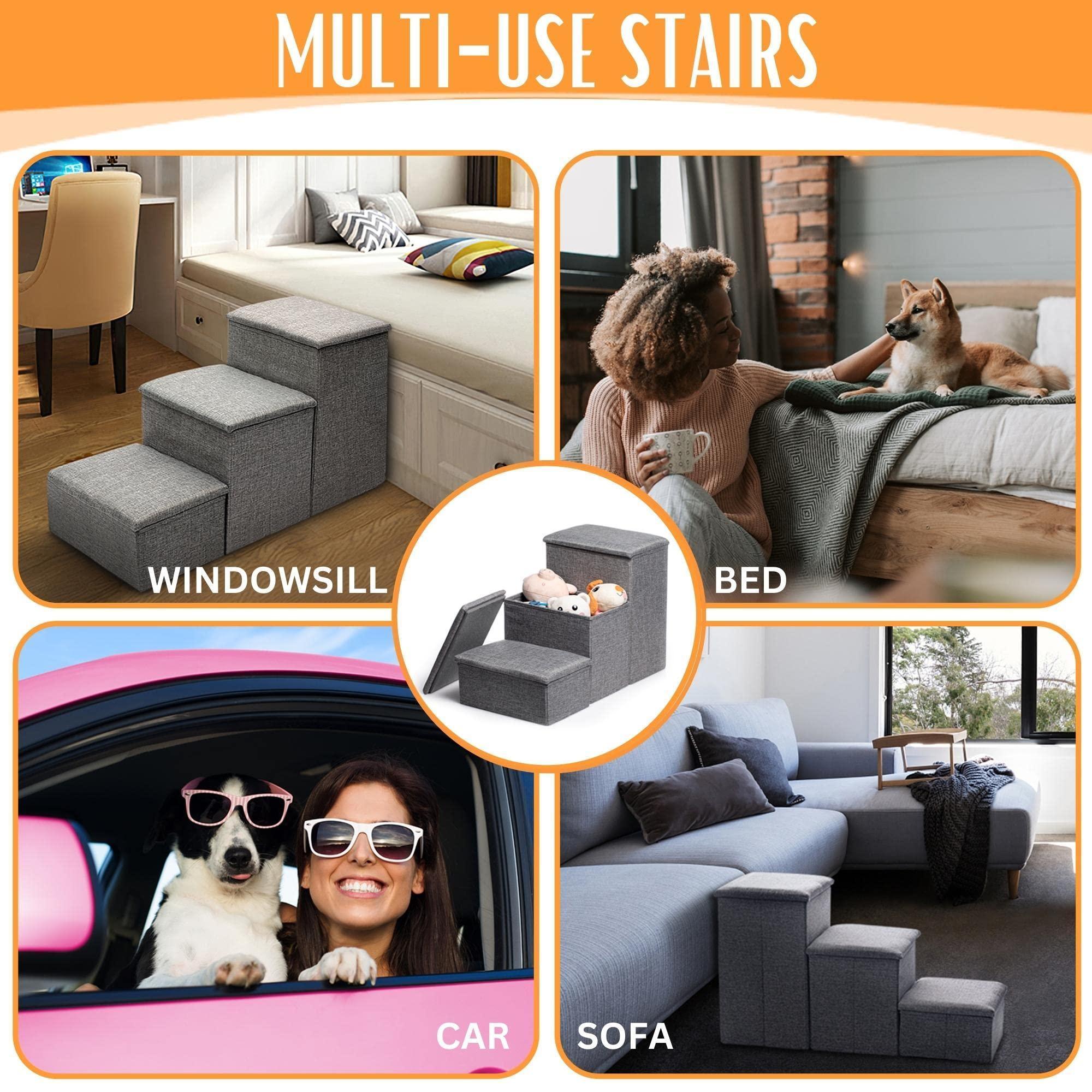 Gray Dog Stairs for High Beds or CouchFoldable Dog Steps With Storage Pet Steps for Small Dogs Medium Dogs Puppy Stairs
