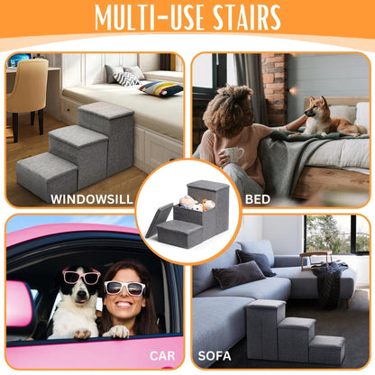 Gray Dog Stairs for High Beds or CouchFoldable Dog Steps With Storage Pet Steps for Small Dogs Medium Dogs Puppy Stairs