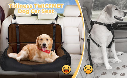 Dog Car Seat Dual Seat Removable Cleaning Coral Fleece Pet Seat with Storage Bag and Safety Belt Fixed Pet Car Seat Suitable for Small and Medium Dogs Car Seat Travel Dog Car Bed (Dual Seat)