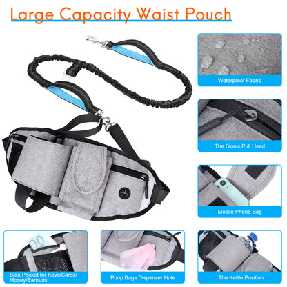 Hands Free Dog Leash with Waist Bag for Walking Small Medium Large Dogs;  Reflective Bungee Leash with Car Seatbelt Buckle and Dual Padded Handles;  Adjustable Waist Belt
