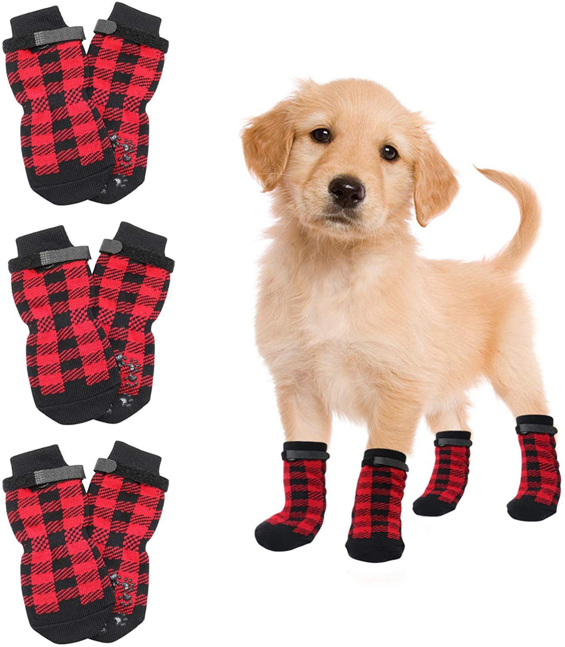 Chrismas Anti-Slip Dog Socks; Waterproof Paw Protectors with Reflective Straps Traction Control for Indoor &amp; Outdoor Wear; 4pcs