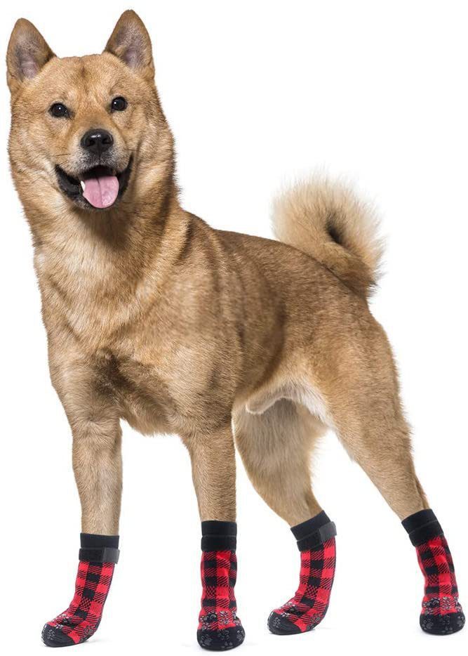 Chrismas Anti-Slip Dog Socks; Waterproof Paw Protectors with Reflective Straps Traction Control for Indoor &amp; Outdoor Wear; 4pcs