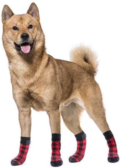 Chrismas Anti-Slip Dog Socks; Waterproof Paw Protectors with Reflective Straps Traction Control for Indoor &amp; Outdoor Wear; 4pcs