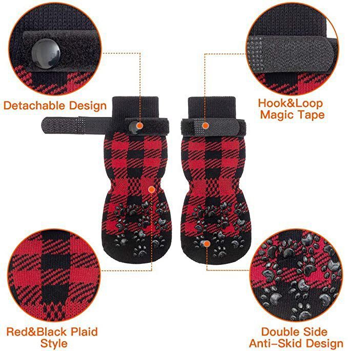 Chrismas Anti-Slip Dog Socks; Waterproof Paw Protectors with Reflective Straps Traction Control for Indoor &amp; Outdoor Wear; 4pcs