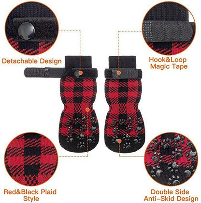 Chrismas Anti-Slip Dog Socks; Waterproof Paw Protectors with Reflective Straps Traction Control for Indoor &amp; Outdoor Wear; 4pcs