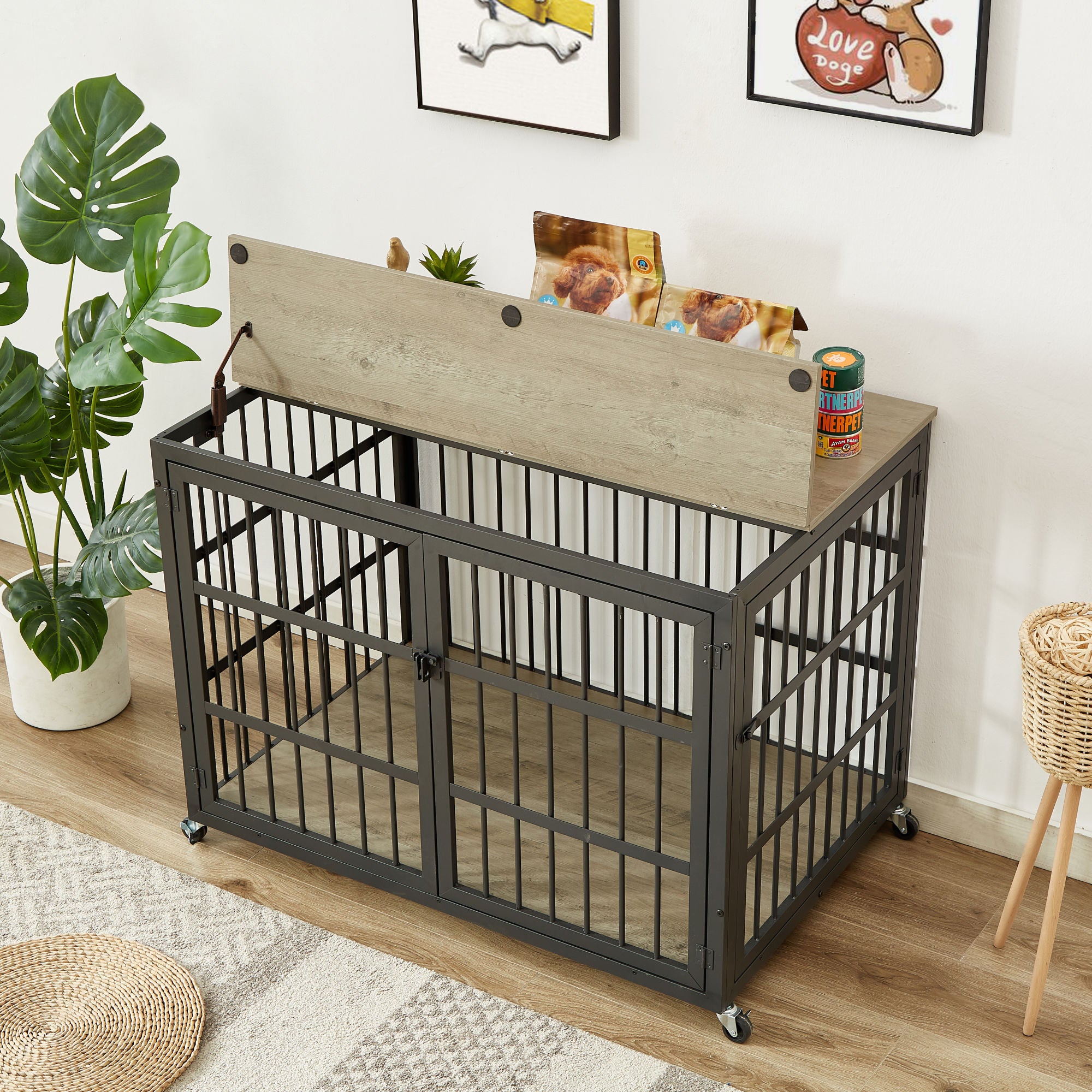 Furniture style dog crate wrought iron frame door with side openings, Grey, 43.3&