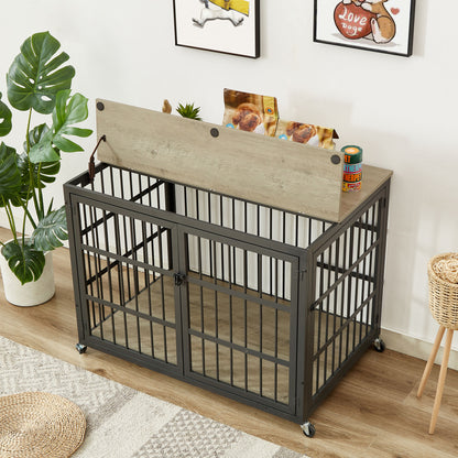 Furniture style dog crate wrought iron frame door with side openings, Grey, 43.3&