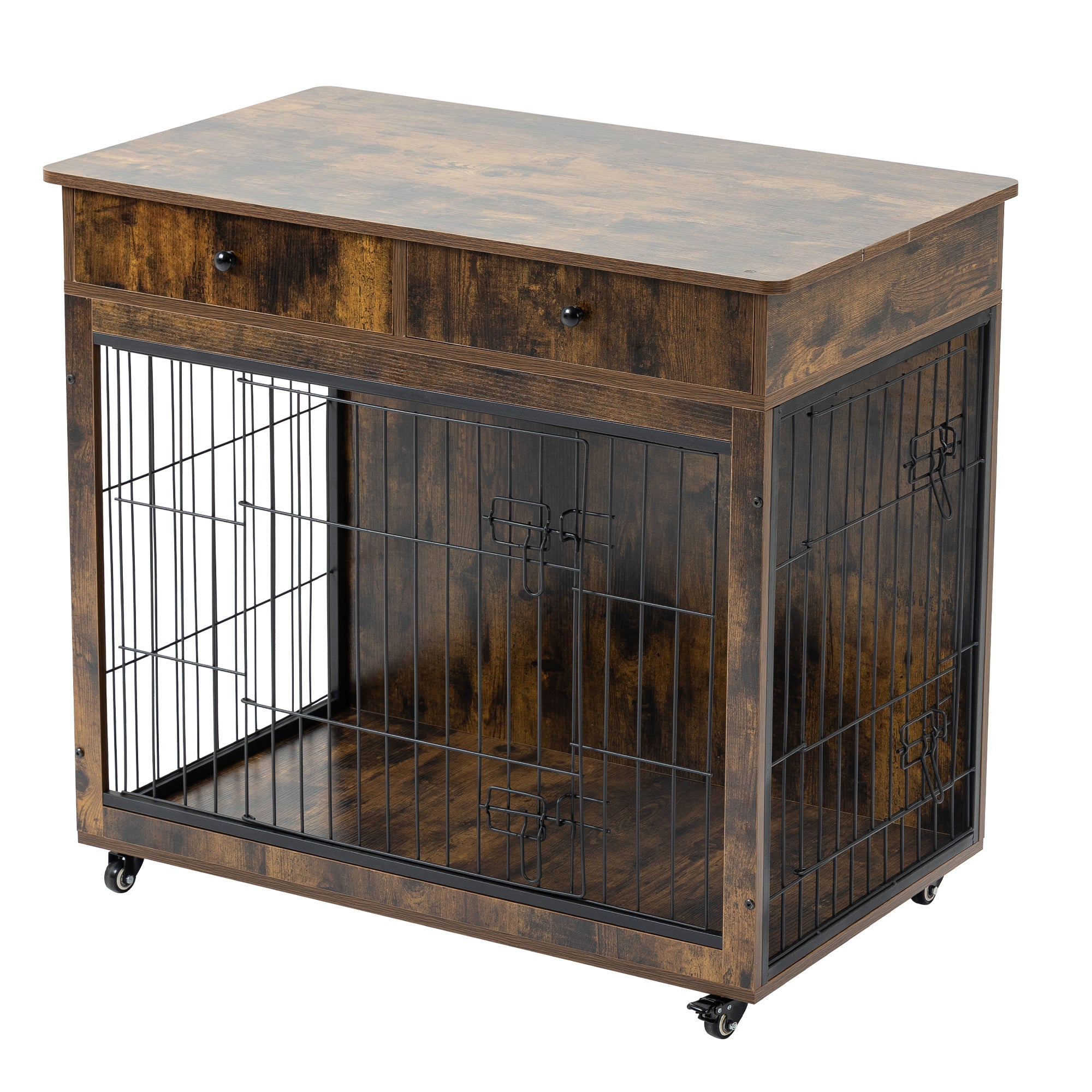 Dog Crate Furniture, Wooden Dog House, Decorative Dog Kennel with Drawer, Indoor Pet Crate End Table for Small Dog, Steel-Tube Dog Cage, Chew-Proof, Rustic Brown 31.7&quot; L×23.2&quot; W×33&quot; H
