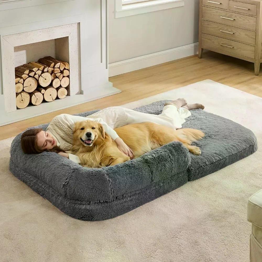 2-in-1 Calming Human Size Giant Dog Bed for Pet Families Suitable for Adults Faux Fur Orthopedic Dog Sofa Kennel Plush Beds Cats