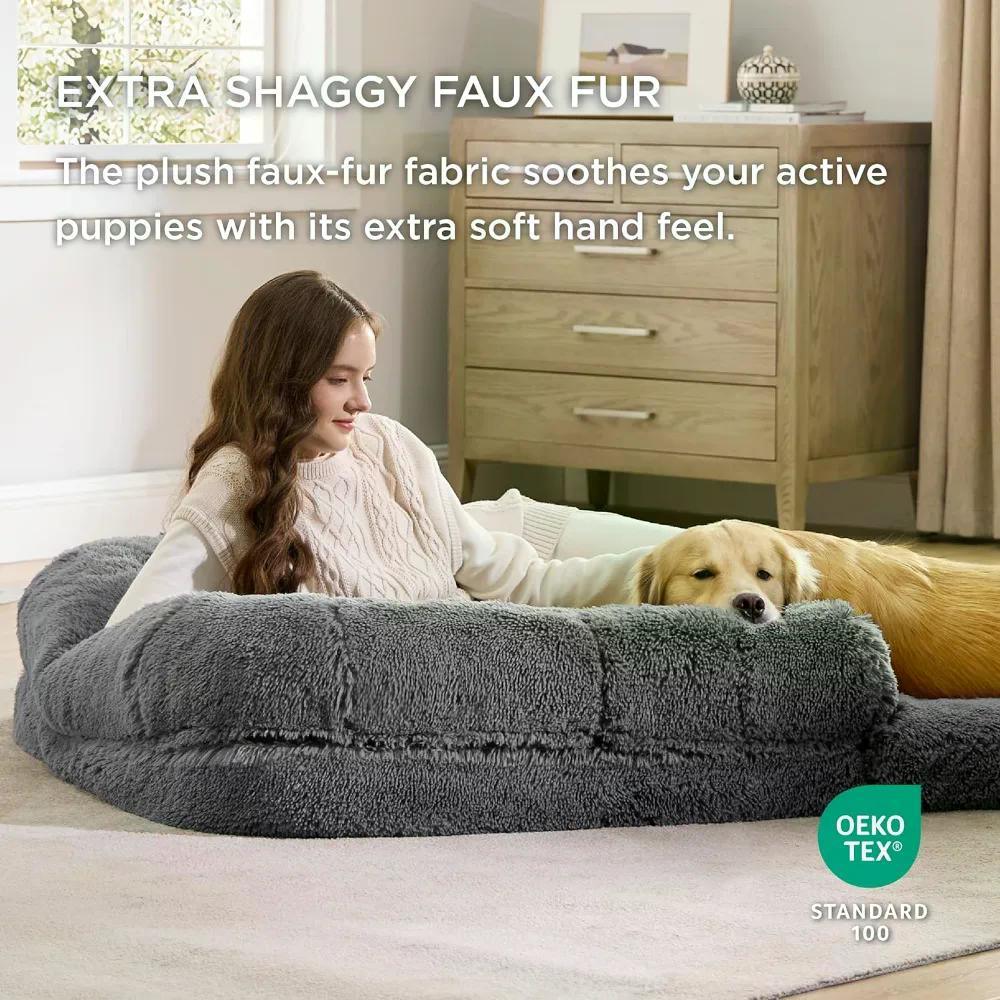 2-in-1 Calming Human Size Giant Dog Bed for Pet Families Suitable for Adults Faux Fur Orthopedic Dog Sofa Kennel Plush Beds Cats