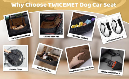 Dog Car Seat Dual Seat Removable Cleaning Coral Fleece Pet Seat with Storage Bag and Safety Belt Fixed Pet Car Seat Suitable for Small and Medium Dogs Car Seat Travel Dog Car Bed (Dual Seat)