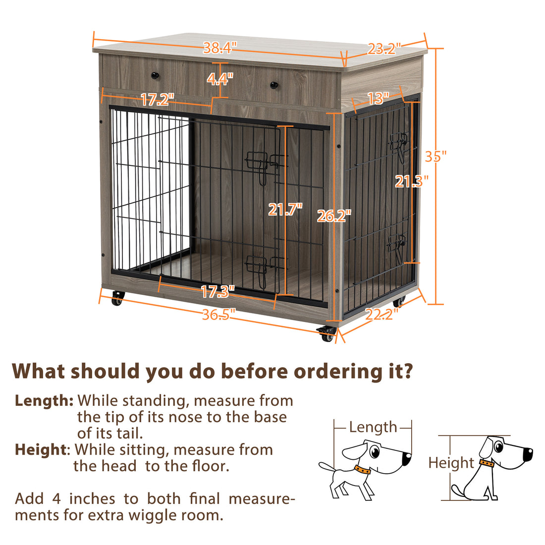 Dog Crate Furniture, Wooden Dog Crate End Table, 38.4 Inch Dog Kennel with 2 Drawers Storage, Heavy Duty Dog Crate, Decorative Pet Crate Dog Cage for Large Indoor Use (Grey) 38.4&quot; L×23.2&quot; W×35&quot; H