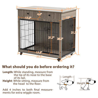 Dog Crate Furniture, Wooden Dog Crate End Table, 38.4 Inch Dog Kennel with 2 Drawers Storage, Heavy Duty Dog Crate, Decorative Pet Crate Dog Cage for Large Indoor Use (Grey) 38.4&quot; L×23.2&quot; W×35&quot; H