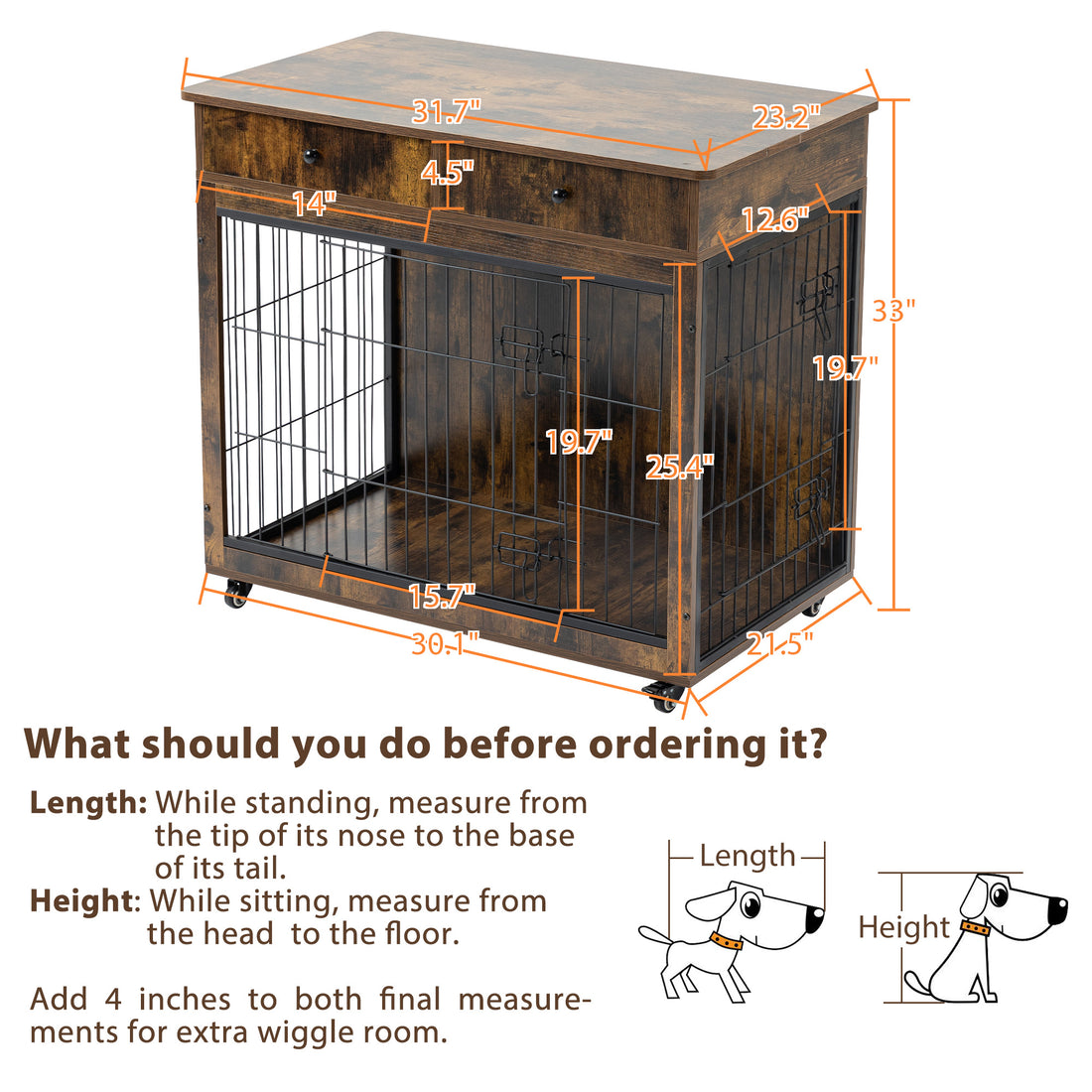 Dog Crate Furniture, Wooden Dog House, Decorative Dog Kennel with Drawer, Indoor Pet Crate End Table for Small Dog, Steel-Tube Dog Cage, Chew-Proof, Rustic Brown 31.7&quot; L×23.2&quot; W×33&quot; H