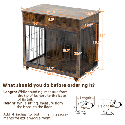 Dog Crate Furniture, Wooden Dog House, Decorative Dog Kennel with Drawer, Indoor Pet Crate End Table for Small Dog, Steel-Tube Dog Cage, Chew-Proof, Rustic Brown 31.7&quot; L×23.2&quot; W×33&quot; H