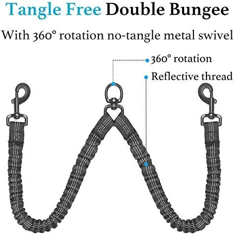 Dual Dog Leash; Double Dog Leash; 360 Swivel No Tangle Walking Leash; Shock Absorbing Bungee for Two Dogs