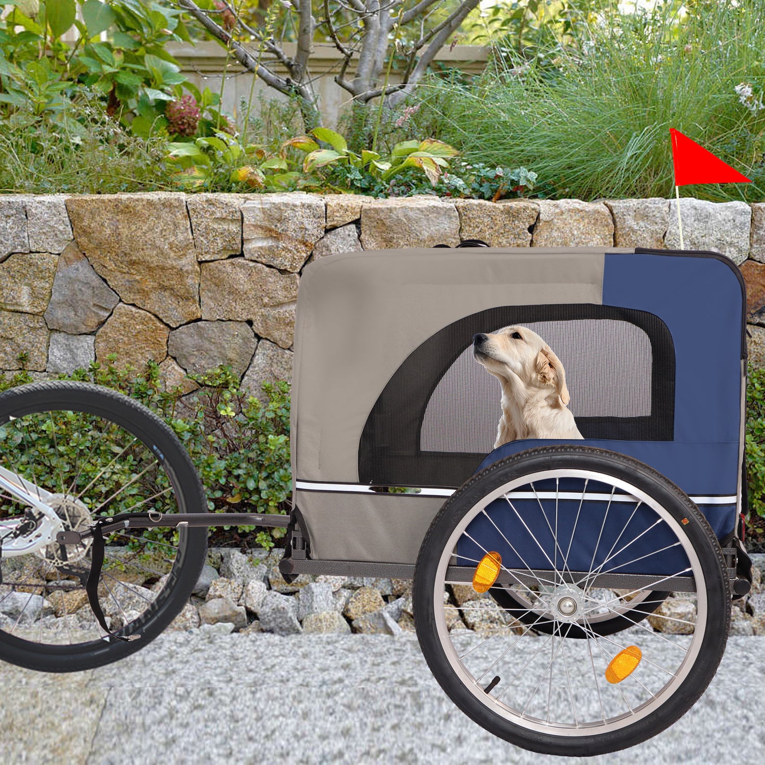 Tangkula Dog Bike Trailer, Breathable Mesh Dog Cart with 3 Entrances, Safety Flag, 8 Reflectors, Folding Pet Carrier Wagon with 20 Inch Wheels, Bicycle Carrier for Medium and Small Sized Dogs