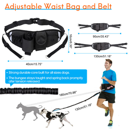 Hands Free Dog Leash with Waist Bag for Walking Small Medium Large Dogs;  Reflective Bungee Leash with Car Seatbelt Buckle and Dual Padded Handles;  Adjustable Waist Belt