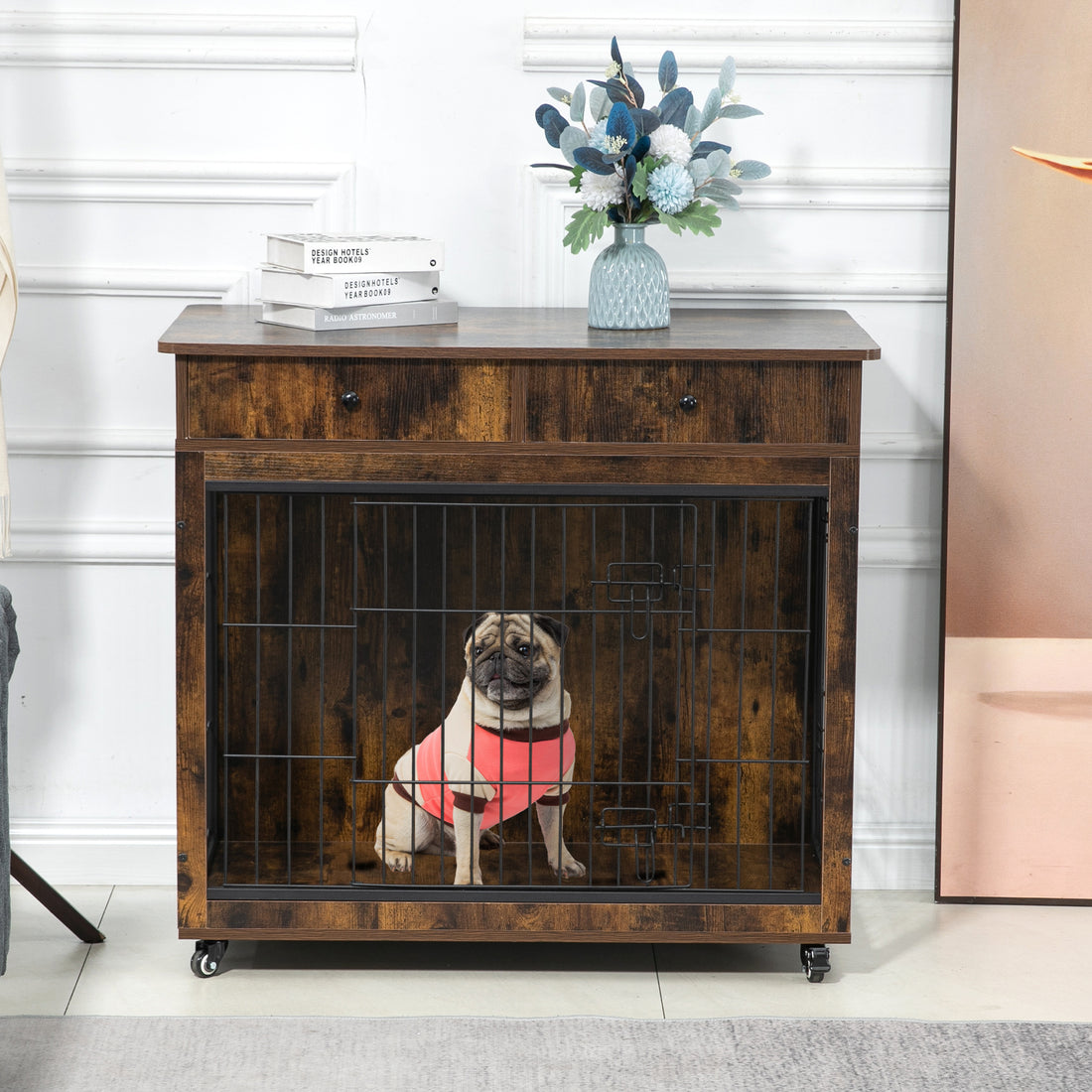 Dog Crate Furniture, Wooden Dog House, Decorative Dog Kennel with Drawer, Indoor Pet Crate End Table for Small Dog, Steel-Tube Dog Cage, Chew-Proof, Rustic Brown 31.7&quot; L×23.2&quot; W×33&quot; H