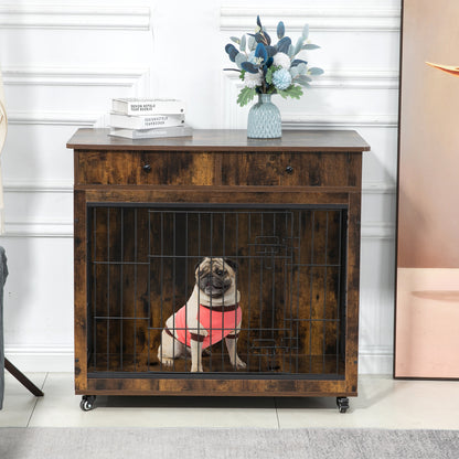 Dog Crate Furniture, Wooden Dog House, Decorative Dog Kennel with Drawer, Indoor Pet Crate End Table for Small Dog, Steel-Tube Dog Cage, Chew-Proof, Rustic Brown 31.7&quot; L×23.2&quot; W×33&quot; H