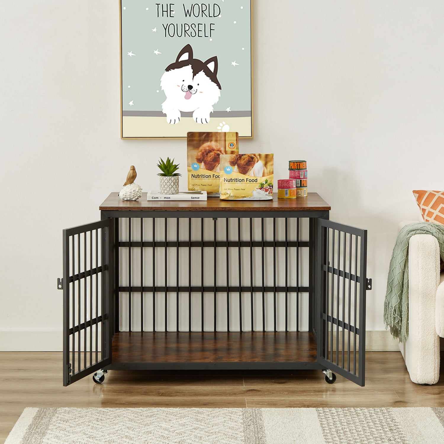 Furniture style dog crate wrought iron frame door with side openings, Grey, 38.4&