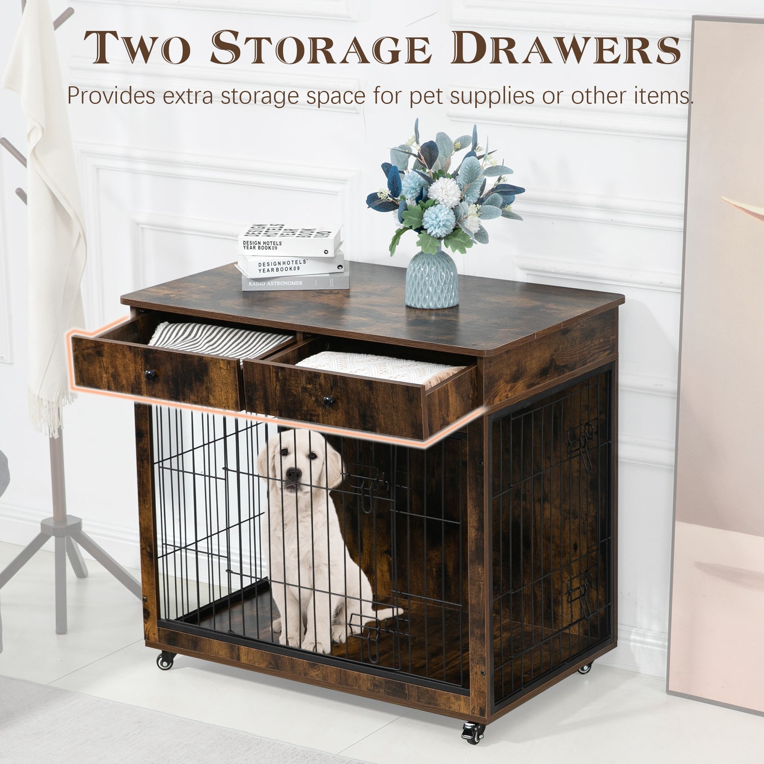 Dog Crate Furniture, Wooden Dog House, Decorative Dog Kennel with Drawer, Indoor Pet Crate End Table for Small Dog, Steel-Tube Dog Cage, Chew-Proof, Rustic Brown 31.7&quot; L×23.2&quot; W×33&quot; H