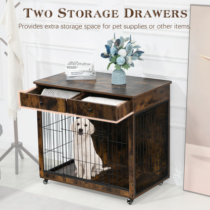 Dog Crate Furniture, Wooden Dog House, Decorative Dog Kennel with Drawer, Indoor Pet Crate End Table for Small Dog, Steel-Tube Dog Cage, Chew-Proof, Rustic Brown 31.7&quot; L×23.2&quot; W×33&quot; H