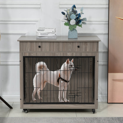 Dog Crate Furniture, Wooden Dog Crate End Table, 38.4 Inch Dog Kennel with 2 Drawers Storage, Heavy Duty Dog Crate, Decorative Pet Crate Dog Cage for Large Indoor Use (Grey) 38.4&quot; L×23.2&quot; W×35&quot; H