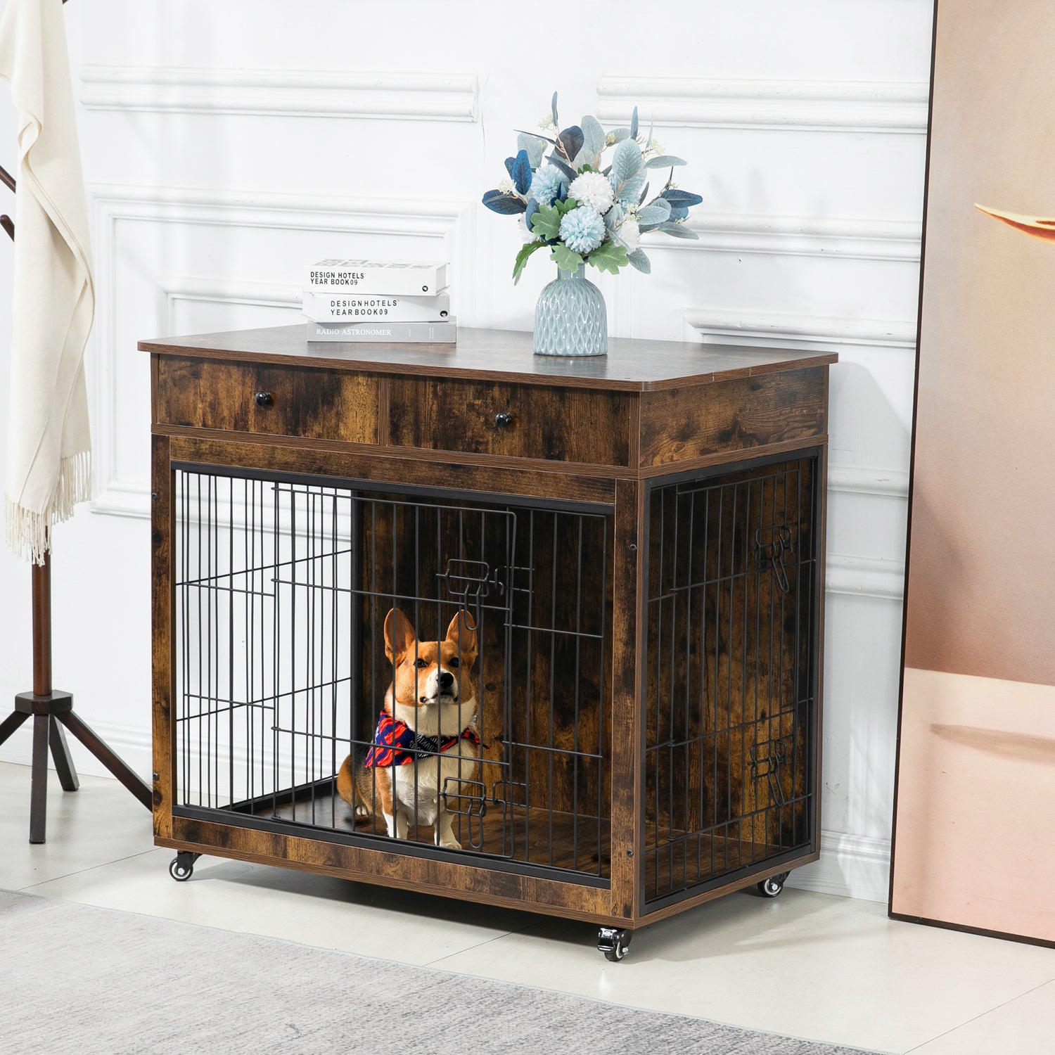 Dog Crate Furniture, Wooden Dog House, Decorative Dog Kennel with Drawer, Indoor Pet Crate End Table for Small Dog, Steel-Tube Dog Cage, Chew-Proof, Rustic Brown 31.7&quot; L×23.2&quot; W×33&quot; H