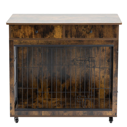 Dog Crate Furniture, Wooden Dog House, Decorative Dog Kennel with Drawer, Indoor Pet Crate End Table for Small Dog, Steel-Tube Dog Cage, Chew-Proof, Rustic Brown 31.7&quot; L×23.2&quot; W×33&quot; H