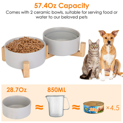 Double 28.7Oz Ceramic Pet Bowls Dog Cat Bowls with Wooden Stand Raised Pet Feeder for Small Dogs Cats