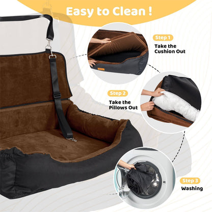 Dog Car Seat Dual Seat Removable Cleaning Coral Fleece Pet Seat with Storage Bag and Safety Belt Fixed Pet Car Seat Suitable for Small and Medium Dogs Car Seat Travel Dog Car Bed (Dual Seat)