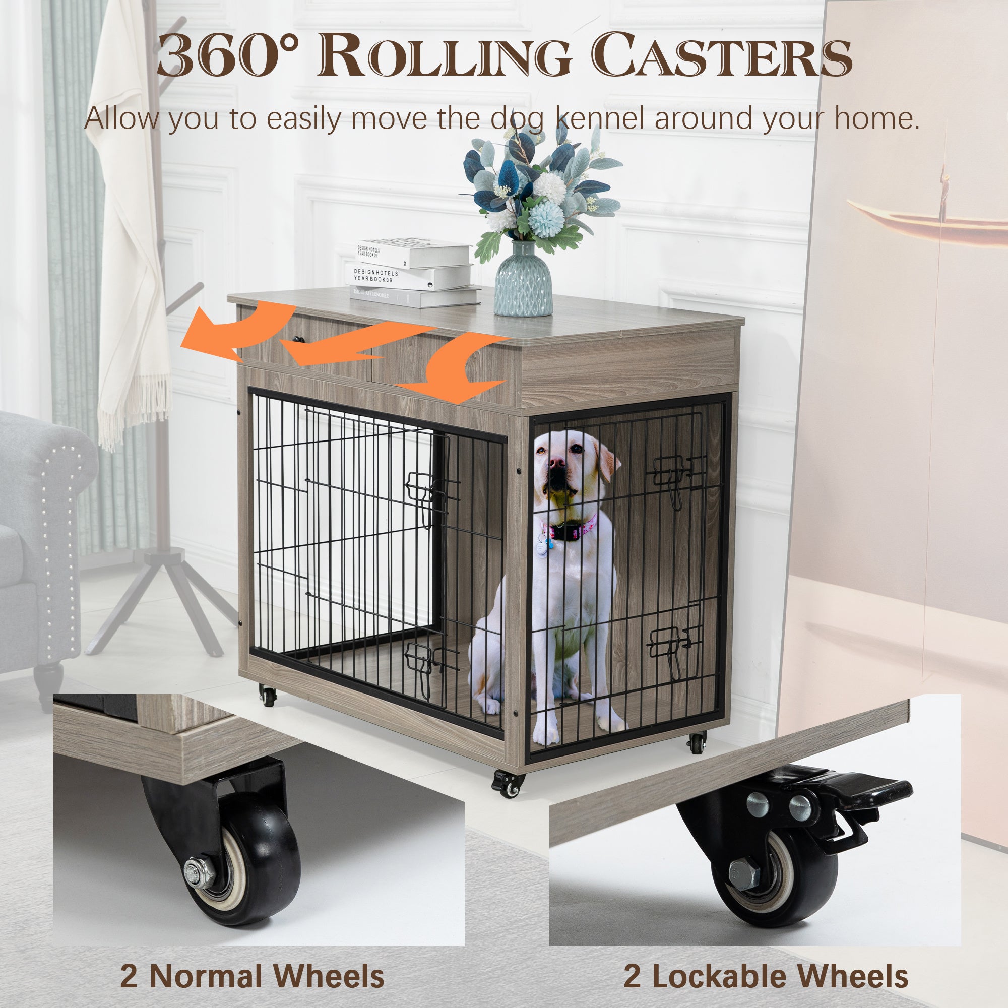 Dog Crate Furniture, Wooden Dog Crate End Table, 38.4 Inch Dog Kennel with 2 Drawers Storage, Heavy Duty Dog Crate, Decorative Pet Crate Dog Cage for Large Indoor Use (Grey) 38.4&quot; L×23.2&quot; W×35&quot; H