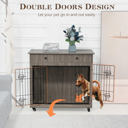 Dog Crate Furniture, Wooden Dog Crate End Table, 38.4 Inch Dog Kennel with 2 Drawers Storage, Heavy Duty Dog Crate, Decorative Pet Crate Dog Cage for Large Indoor Use (Grey) 38.4&quot; L×23.2&quot; W×35&quot; H