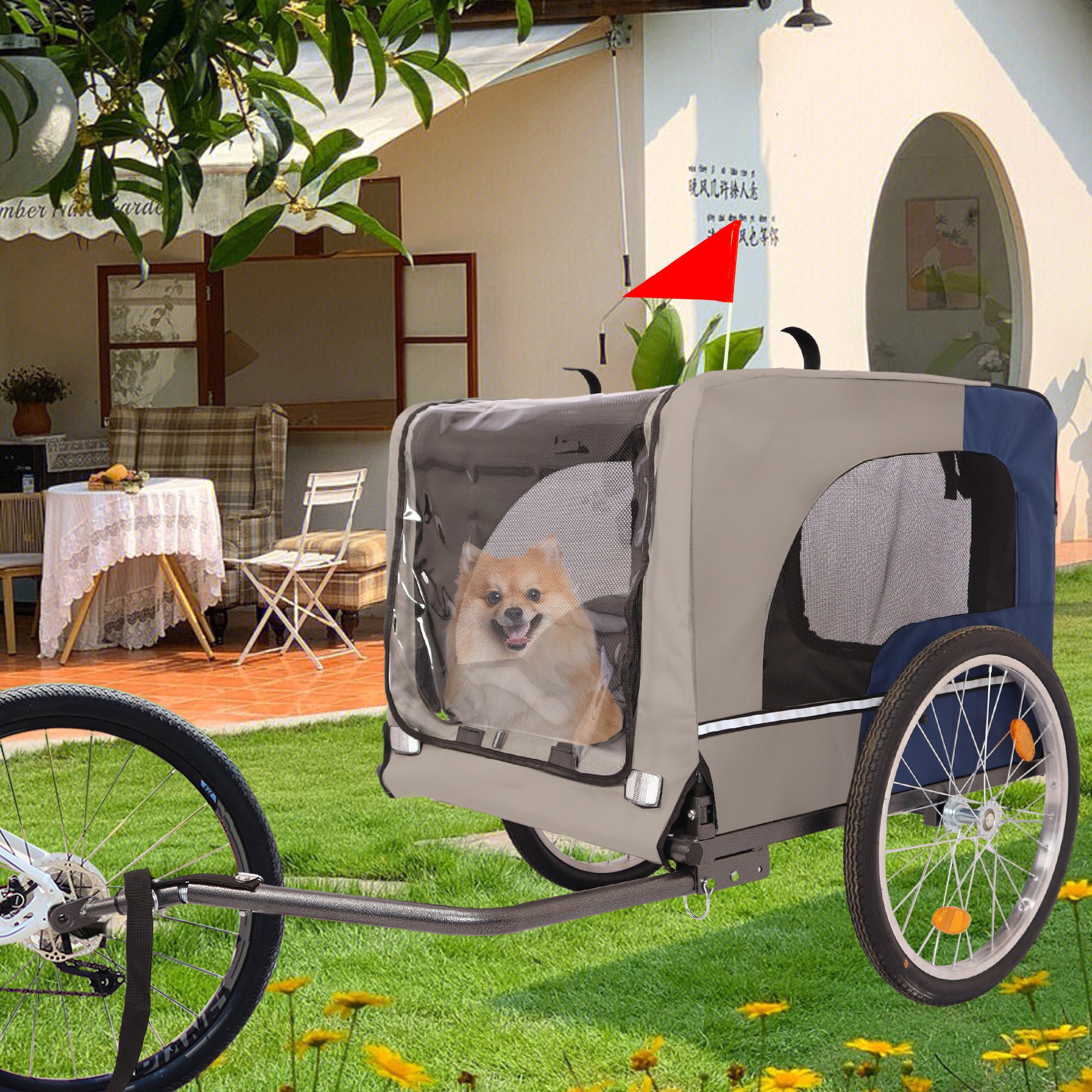 Tangkula Dog Bike Trailer, Breathable Mesh Dog Cart with 3 Entrances, Safety Flag, 8 Reflectors, Folding Pet Carrier Wagon with 20 Inch Wheels, Bicycle Carrier for Medium and Small Sized Dogs