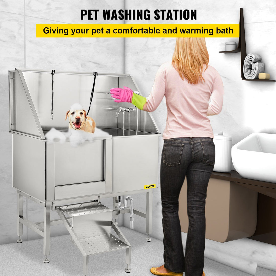 VEVOR 50 Inch Dog Grooming Tub, Professional Stainless Steel Pet Dog Bath Tub, with Steps Faucet &amp; Accessories Dog Washing Station Left Door